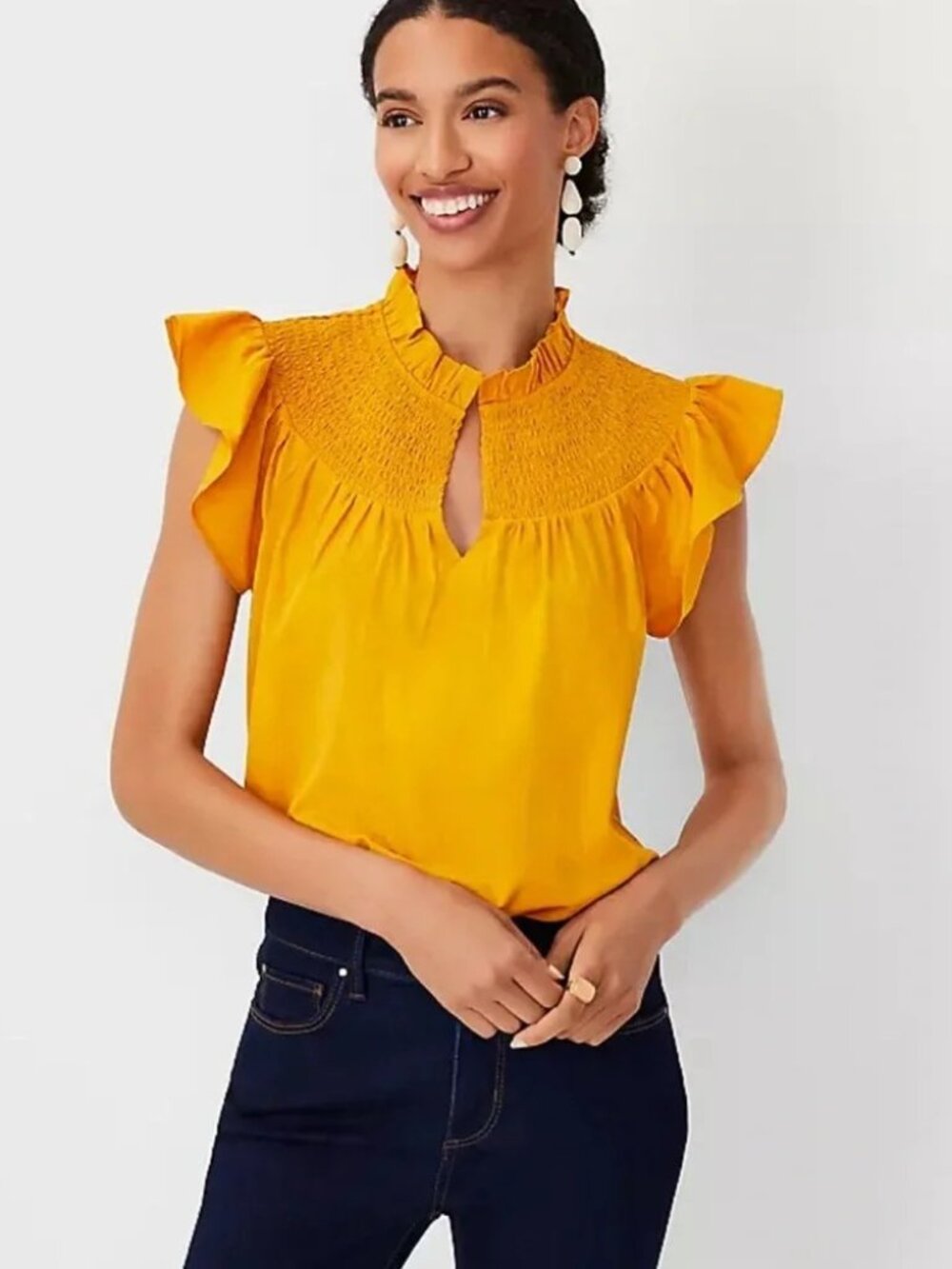 Ann Taylor Mustard Yellow Smocked Yoke Flutter Sleeve Top Size L